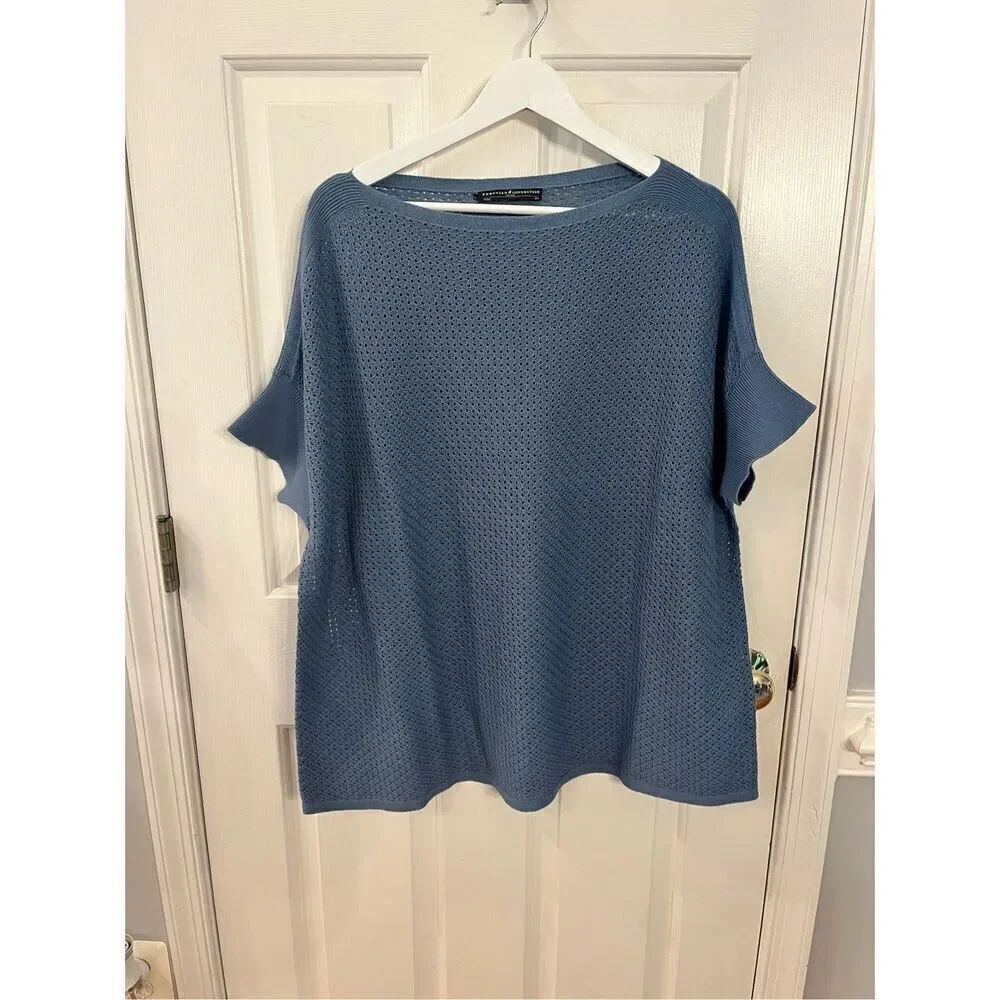 Peruvian Connection Blue Loose Knit Batwing Short Sleeve Sweater SZ M/L NWOT